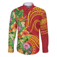 Polynesian Tribal Flower Tattoo Family Matching Puletasi and Hawaiian Shirt Special Vermilion Vibe LT9 Dad's Shirt - Long Sleeve Brownish-red - Polynesian Pride