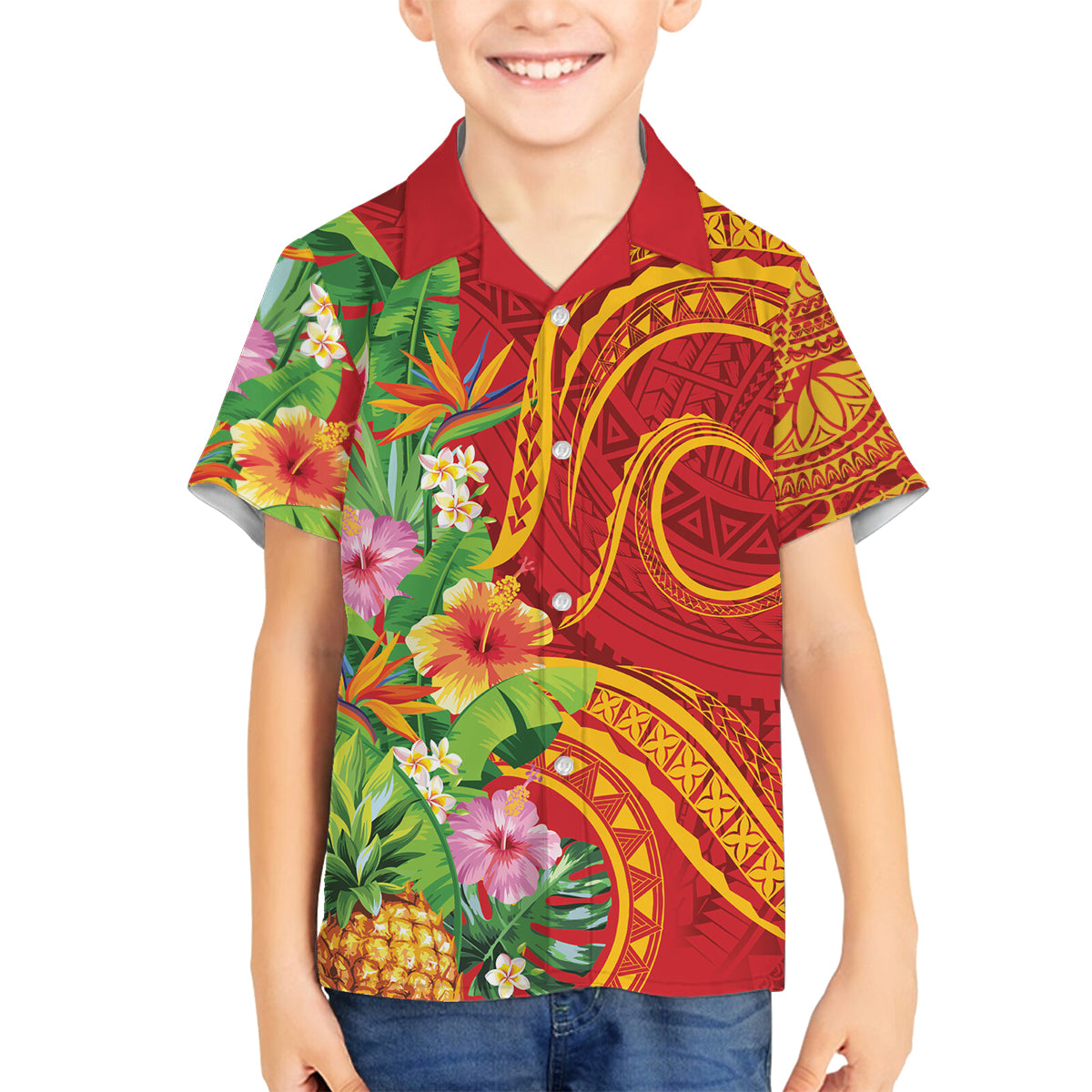 Polynesian Tribal Flower Tattoo Family Matching Puletasi and Hawaiian Shirt Special Vermilion Vibe LT9 Son's Shirt Brownish-red - Polynesian Pride
