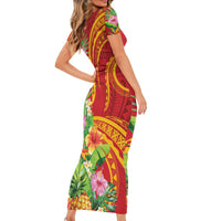 Polynesian Tribal Flower Tattoo Family Matching Short Sleeve Bodycon Dress and Hawaiian Shirt Special Vermilion Vibe