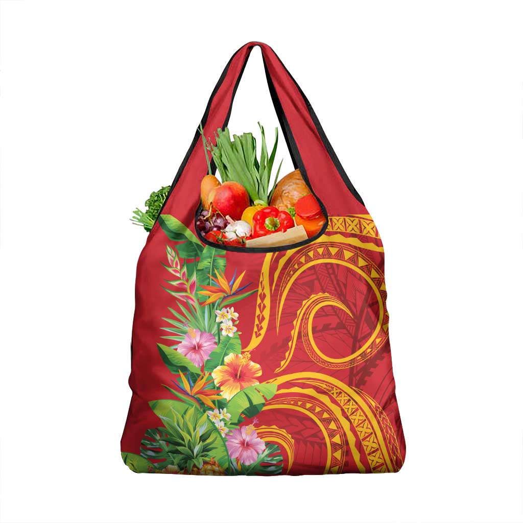 Polynesian Tribal Flower Tattoo Grocery Bag Special Vermilion Vibe