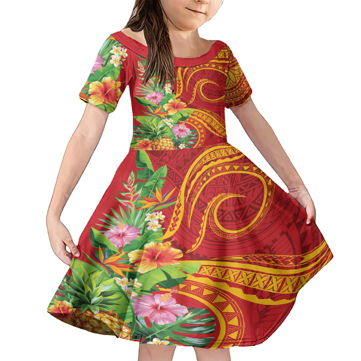 Polynesian Tribal Flower Tattoo Kid Short Sleeve Dress Special Vermilion Vibe LT9 KID Brownish-red - Polynesian Pride