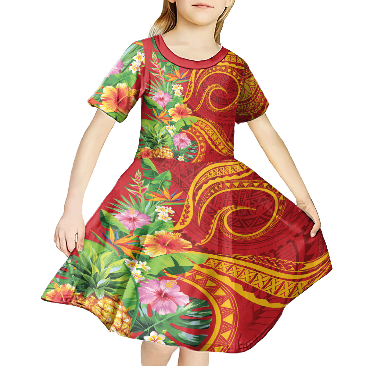 Polynesian Tribal Flower Tattoo Kid Short Sleeve Dress Special Vermilion Vibe