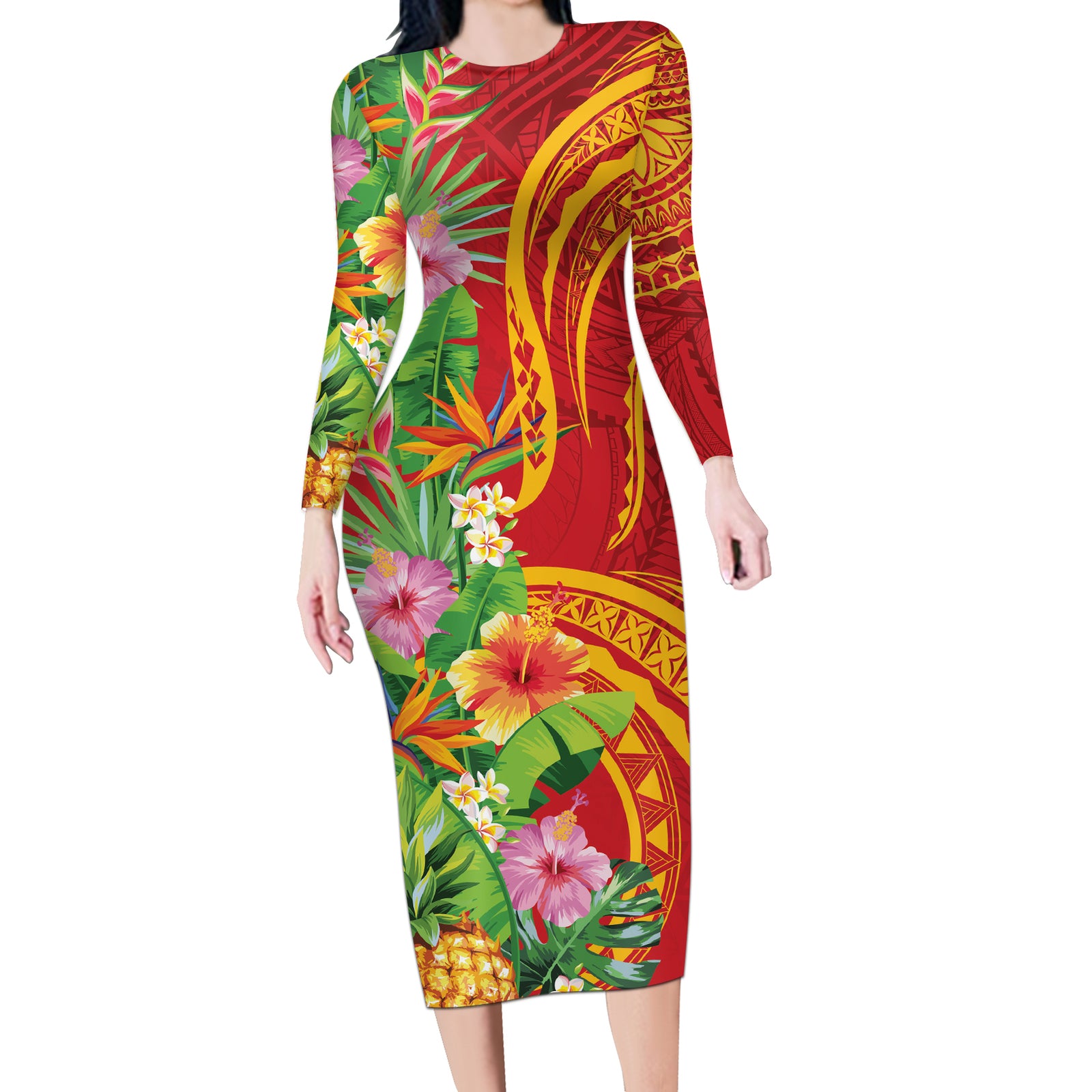 Polynesian Tribal Flower Tattoo Long Sleeve Bodycon Dress Special Vermilion Vibe LT9 Long Dress Brownish-red - Polynesian Pride