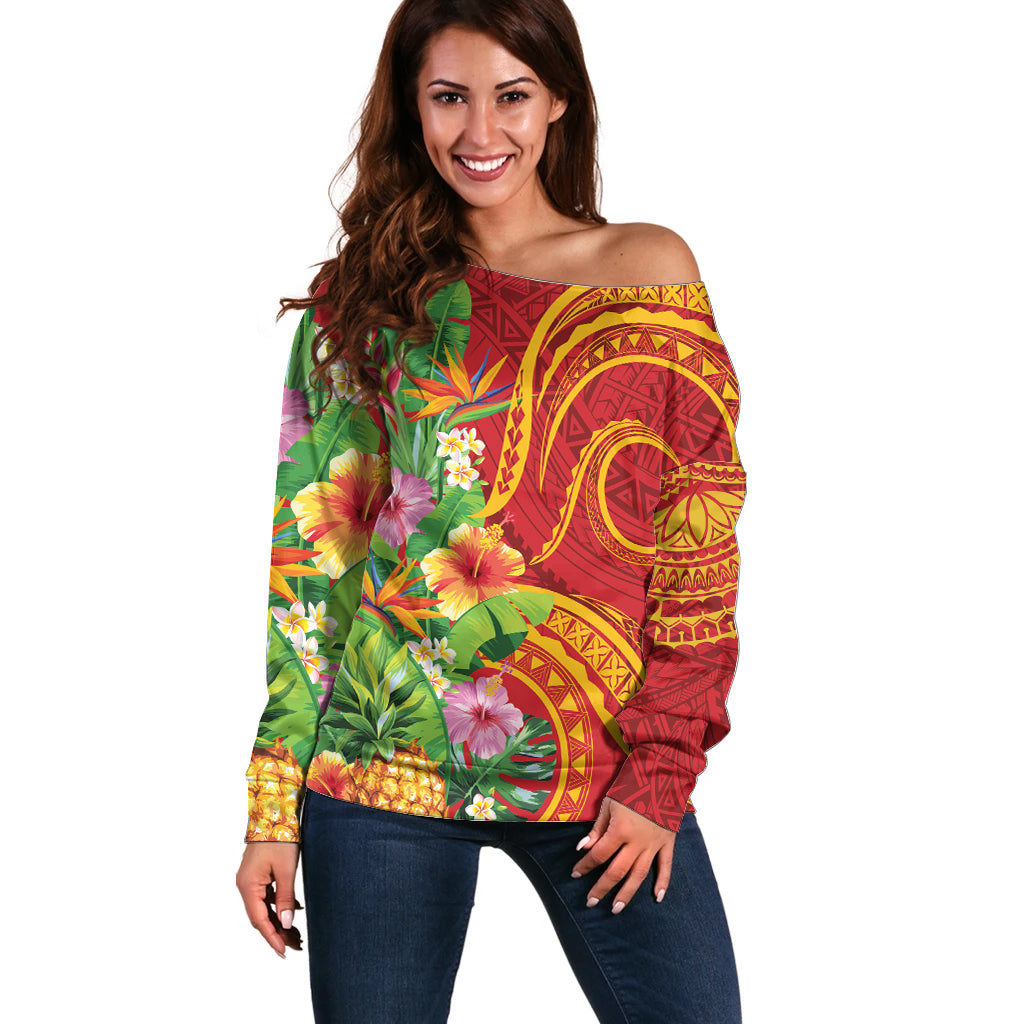 Polynesian Tribal Flower Tattoo Off Shoulder Sweater Special Vermilion Vibe LT9 Women Brownish-red - Polynesian Pride