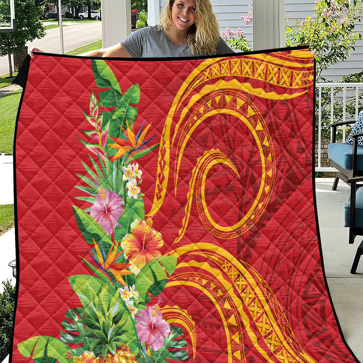 Polynesian Tribal Flower Tattoo Quilt Special Vermilion Vibe LT9 Brownish-red - Polynesian Pride