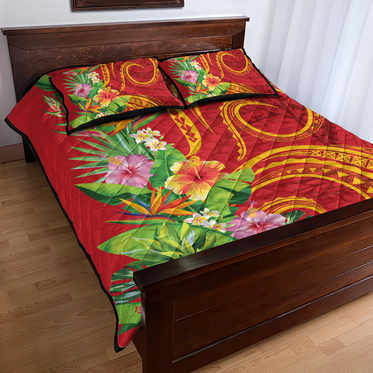 Polynesian Tribal Flower Tattoo Quilt Bed Set Special Vermilion Vibe