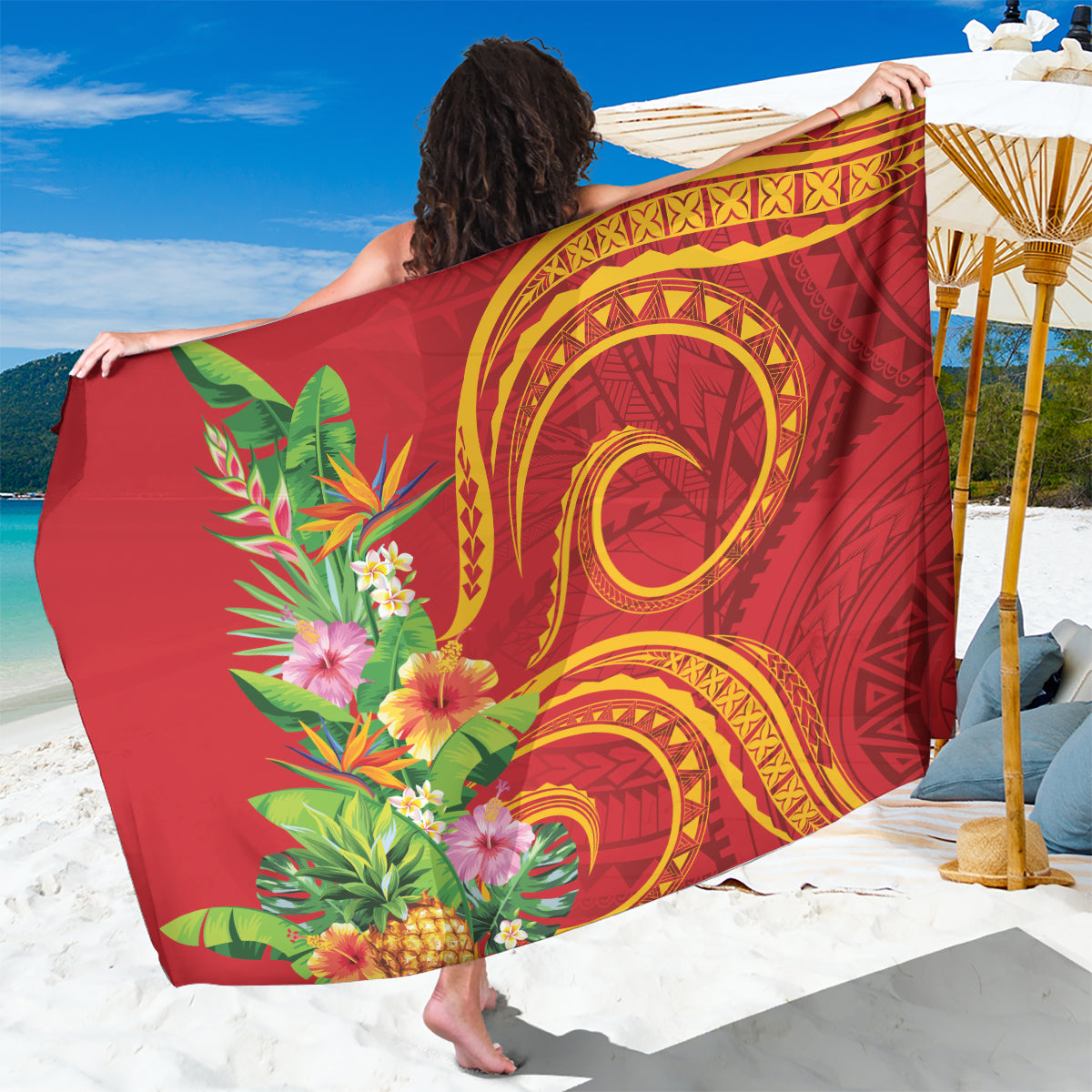 Polynesian Tribal Flower Tattoo Sarong Special Vermilion Vibe LT9 One Size 44 x 66 inches Brownish-red - Polynesian Pride