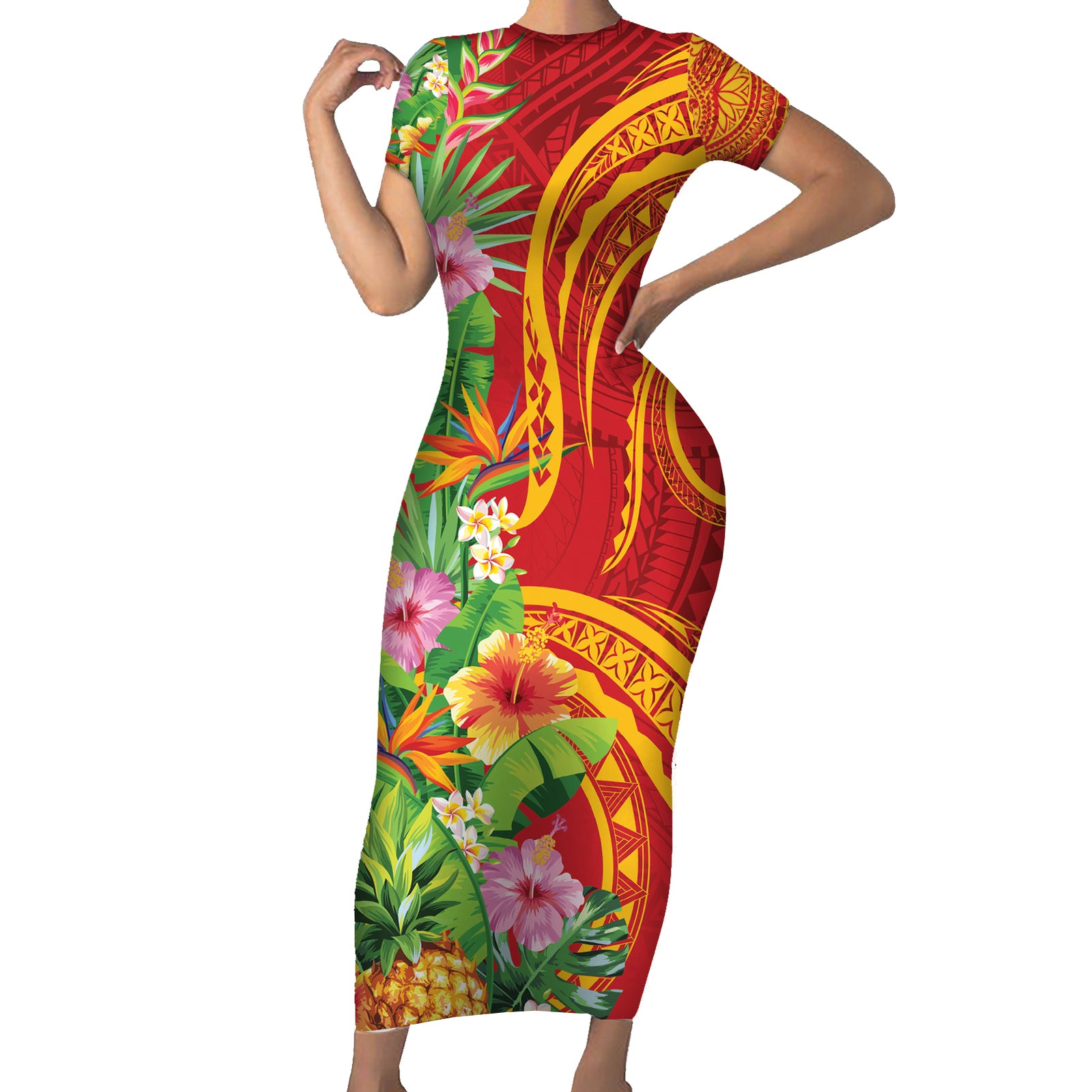 Polynesian Tribal Flower Tattoo Short Sleeve Bodycon Dress Special Vermilion Vibe