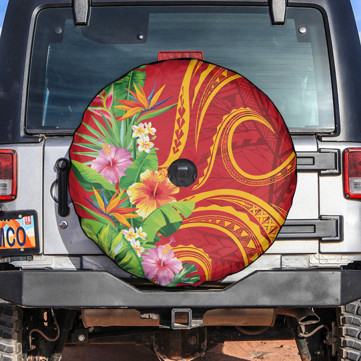 Polynesian Tribal Flower Tattoo Spare Tire Cover Special Vermilion Vibe LT9 Brownish-red - Polynesian Pride