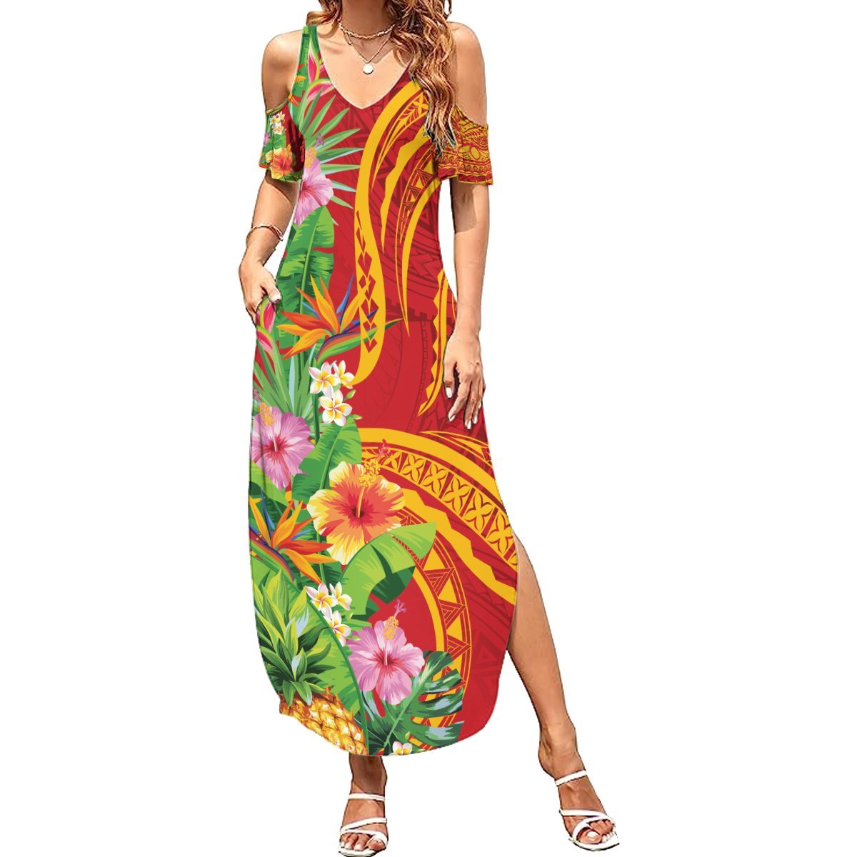 Polynesian Tribal Flower Tattoo Summer Maxi Dress Special Vermilion Vibe LT9 Women Brownish-red - Polynesian Pride