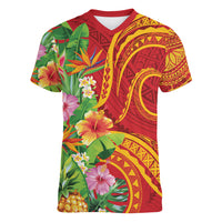 Polynesian Tribal Flower Tattoo Women V Neck T Shirt Special Vermilion Vibe