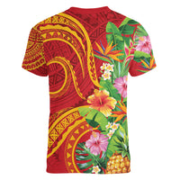 Polynesian Tribal Flower Tattoo Women V Neck T Shirt Special Vermilion Vibe
