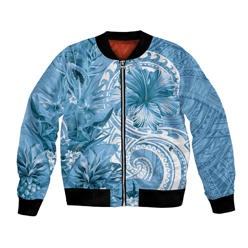 Polynesian Hibiscus Flower Tribal Bomber Jacket Blue Color