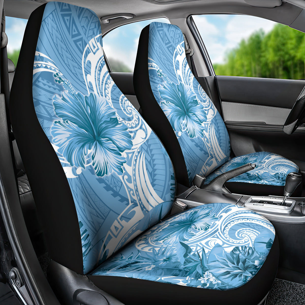Polynesian Hibiscus Flower Tribal Car Seat Cover Blue Color