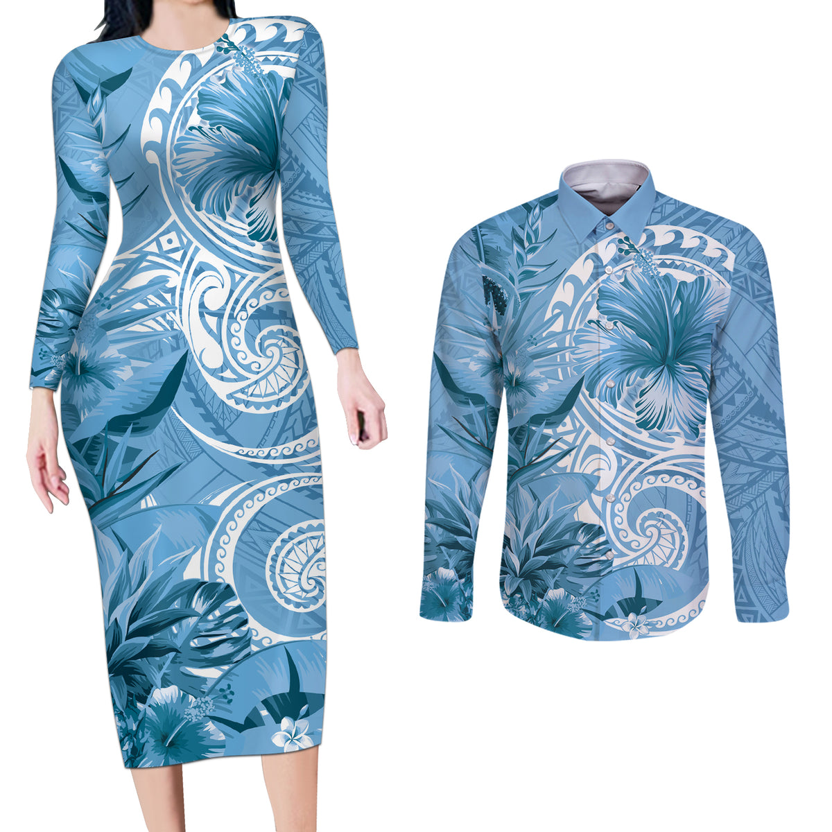 Polynesian Hibiscus Flower Tribal Couples Matching Long Sleeve Bodycon Dress and Long Sleeve Button Shirt Blue Color