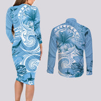 Polynesian Hibiscus Flower Tribal Couples Matching Long Sleeve Bodycon Dress and Long Sleeve Button Shirt Blue Color