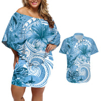 Polynesian Hibiscus Flower Tribal Couples Matching Off Shoulder Short Dress and Hawaiian Shirt Blue Color