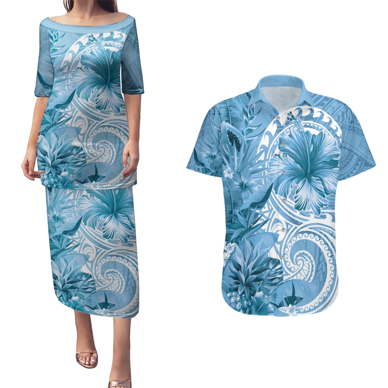 Polynesian Hibiscus Flower Tribal Couples Matching Puletasi and Hawaiian Shirt Blue Color LT9 Blue - Polynesian Pride