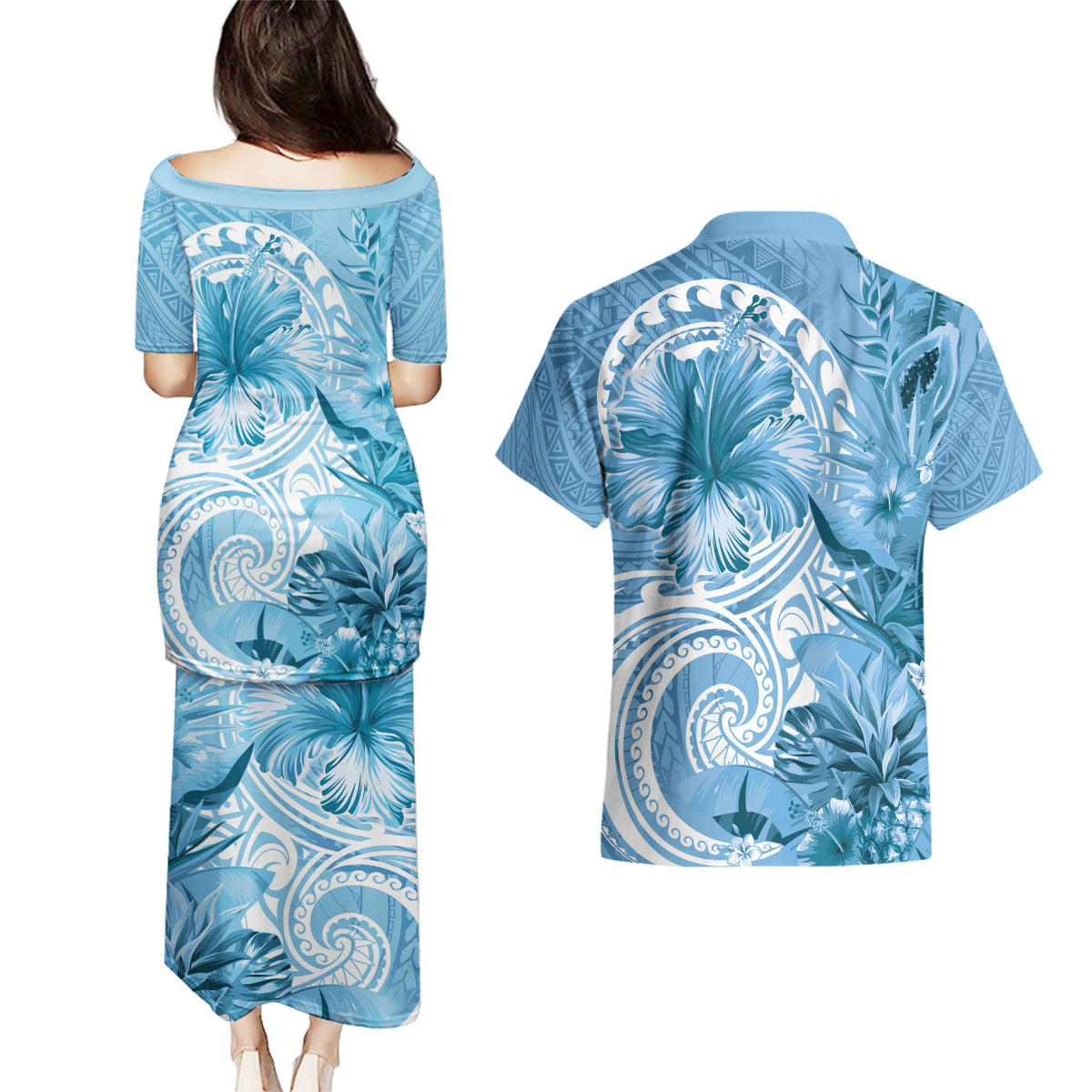 Polynesian Hibiscus Flower Tribal Couples Matching Puletasi and Hawaiian Shirt Blue Color