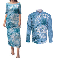 Polynesian Hibiscus Flower Tribal Couples Matching Puletasi and Long Sleeve Button Shirt Blue Color