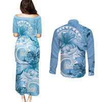 Polynesian Hibiscus Flower Tribal Couples Matching Puletasi and Long Sleeve Button Shirt Blue Color