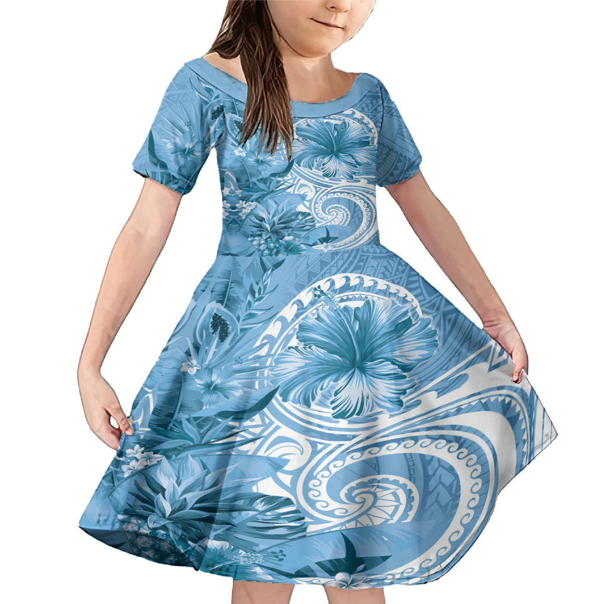 Polynesian Hibiscus Flower Tribal Family Matching Mermaid Dress and Hawaiian Shirt Blue Color