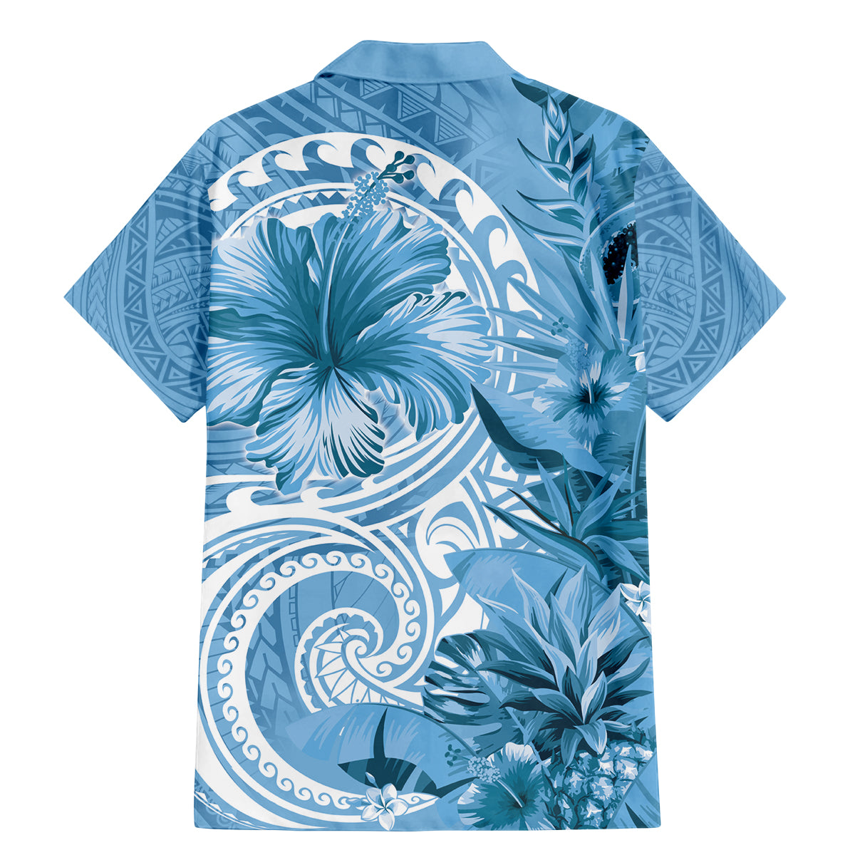 Polynesian Hibiscus Flower Tribal Family Matching Mermaid Dress and Hawaiian Shirt Blue Color