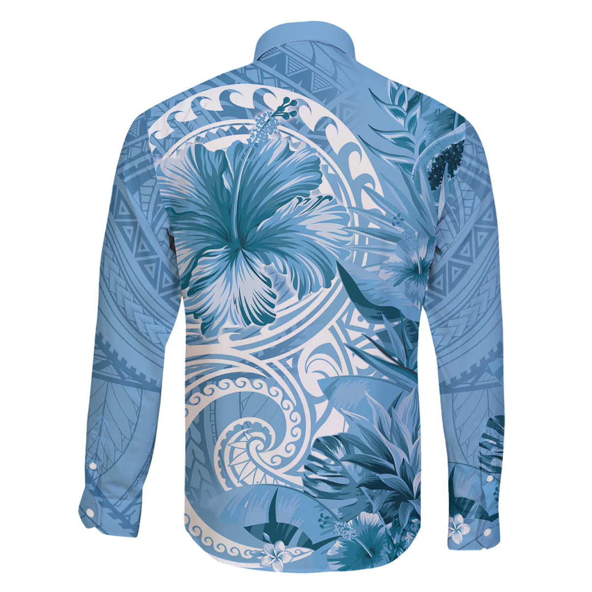 Polynesian Hibiscus Flower Tribal Family Matching Mermaid Dress and Hawaiian Shirt Blue Color