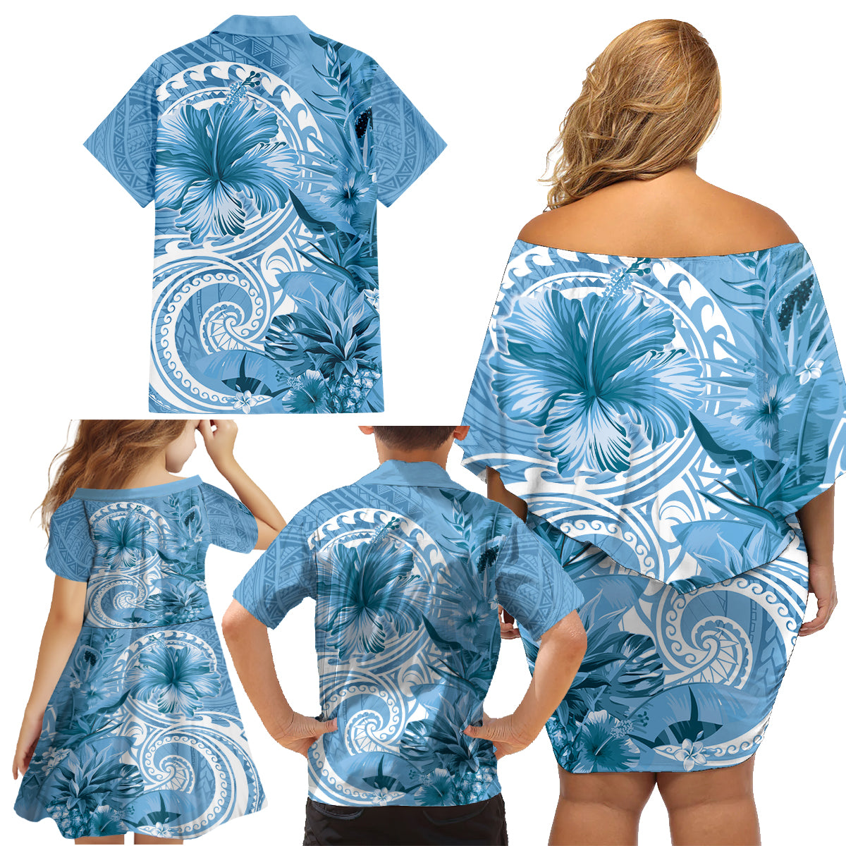 Polynesian Hibiscus Flower Tribal Family Matching Off Shoulder Short Dress and Hawaiian Shirt Blue Color