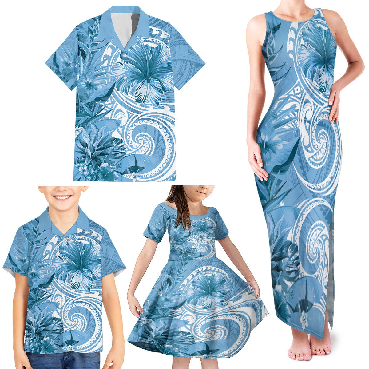 Polynesian Hibiscus Flower Tribal Family Matching Tank Maxi Dress and Hawaiian Shirt Blue Color LT9 - Polynesian Pride