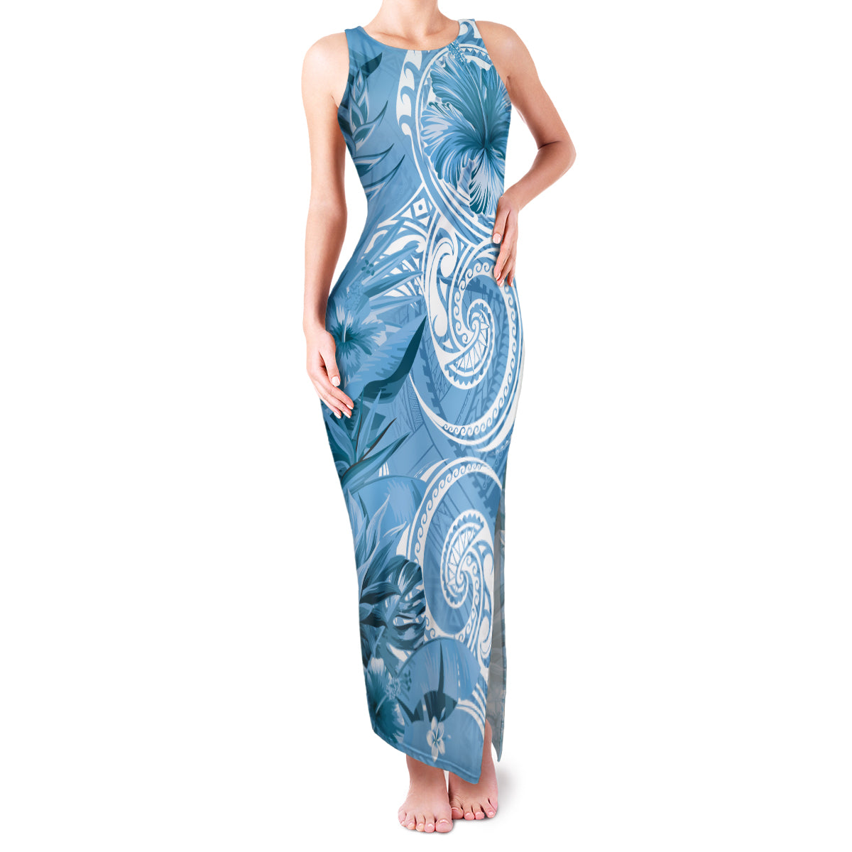 Polynesian Hibiscus Flower Tribal Family Matching Tank Maxi Dress and Hawaiian Shirt Blue Color