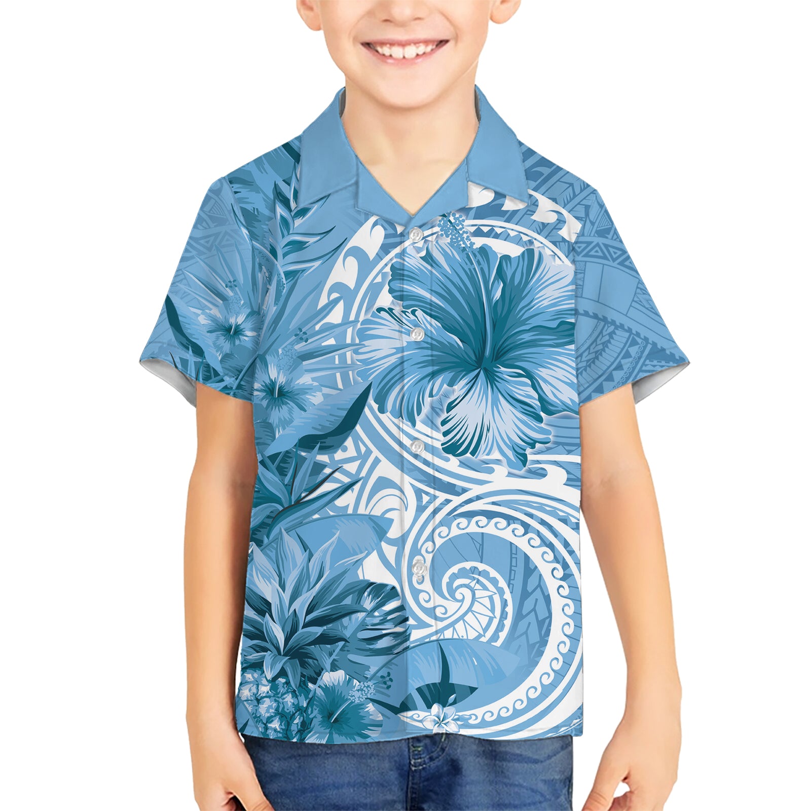 Polynesian Hibiscus Flower Tribal Kid Hawaiian Shirt Blue Color LT9 Kid Blue - Polynesian Pride