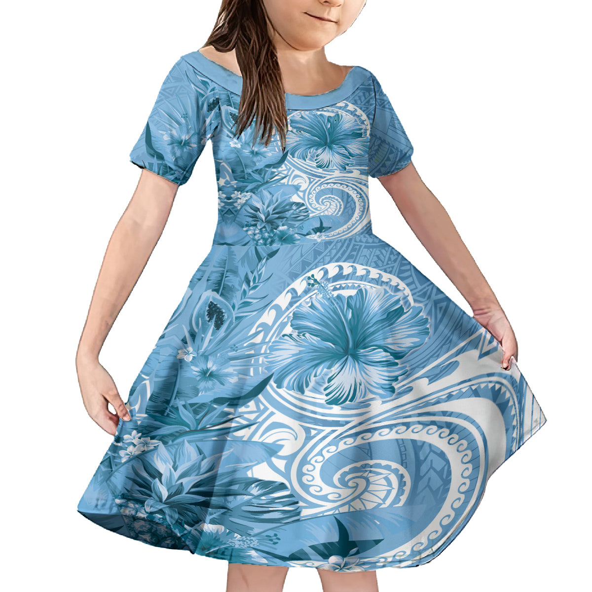 Polynesian Hibiscus Flower Tribal Kid Short Sleeve Dress Blue Color LT9 KID Blue - Polynesian Pride