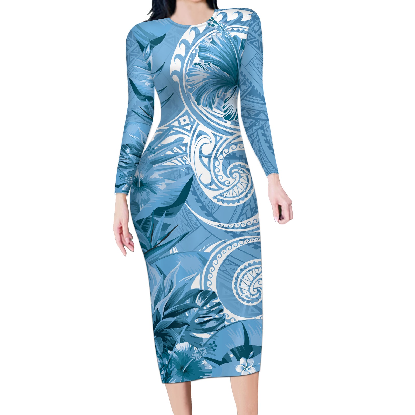 Polynesian Hibiscus Flower Tribal Long Sleeve Bodycon Dress Blue Color LT9 Long Dress Blue - Polynesian Pride