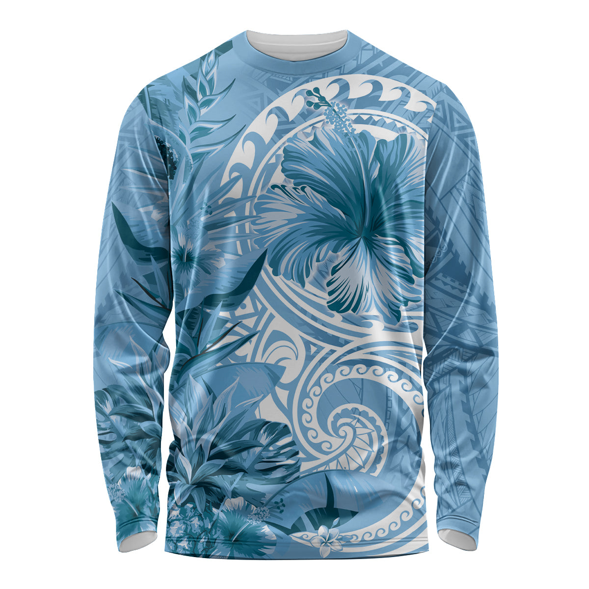 Polynesian Hibiscus Flower Tribal Long Sleeve Shirt Blue Color LT9 Unisex Blue - Polynesian Pride