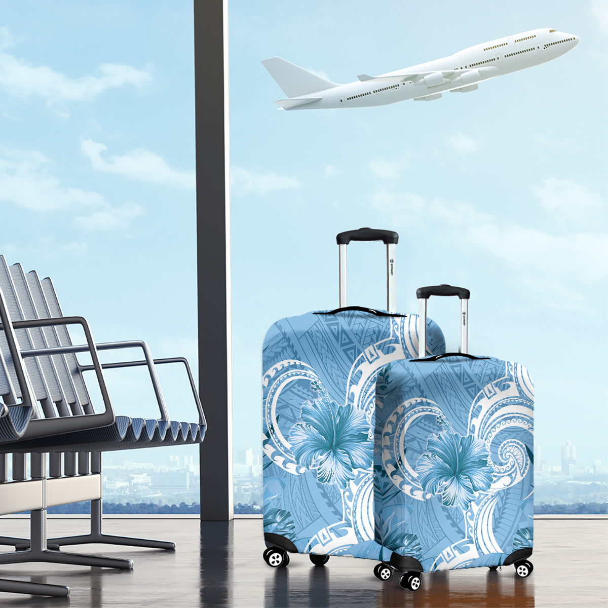 Polynesian Hibiscus Flower Tribal Luggage Cover Blue Color LT9 - Polynesian Pride