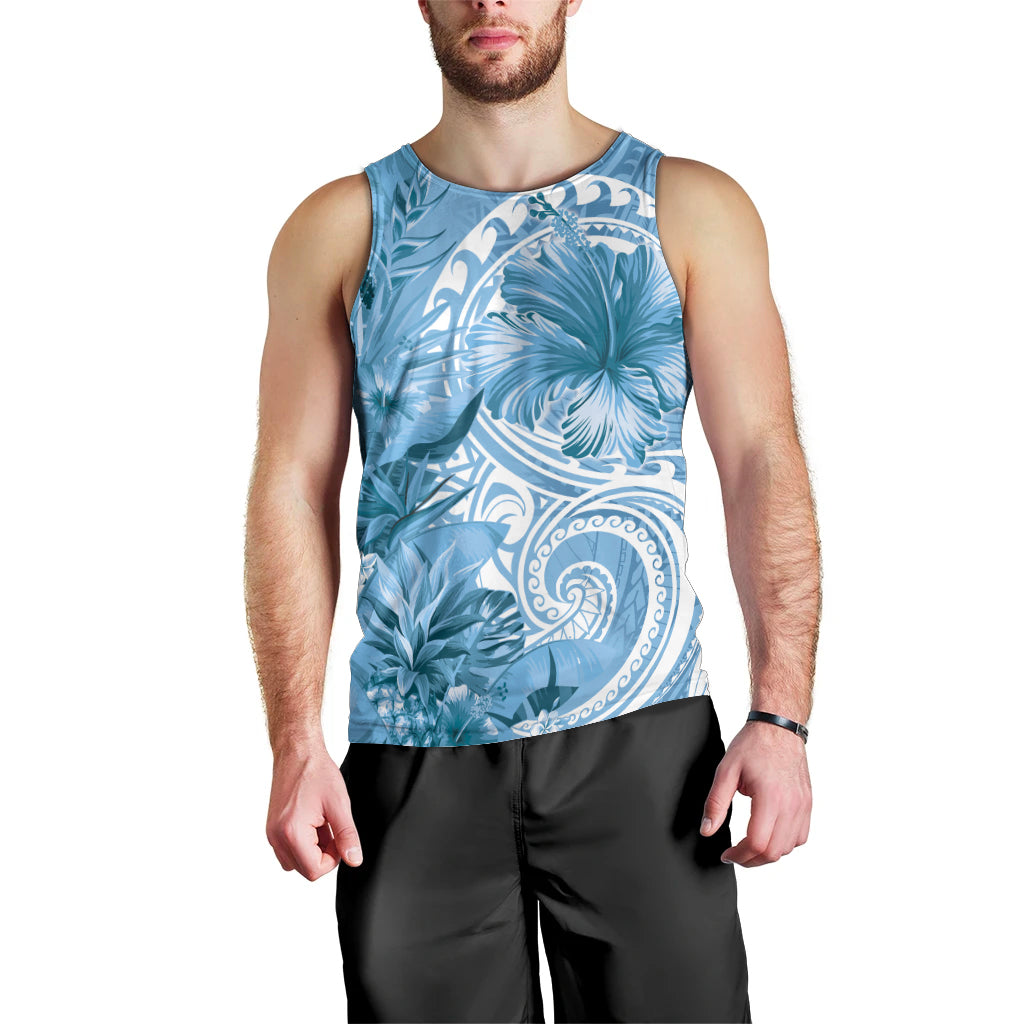 Polynesian Hibiscus Flower Tribal Men Tank Top Blue Color