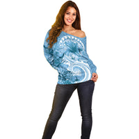 Polynesian Hibiscus Flower Tribal Off Shoulder Sweater Blue Color
