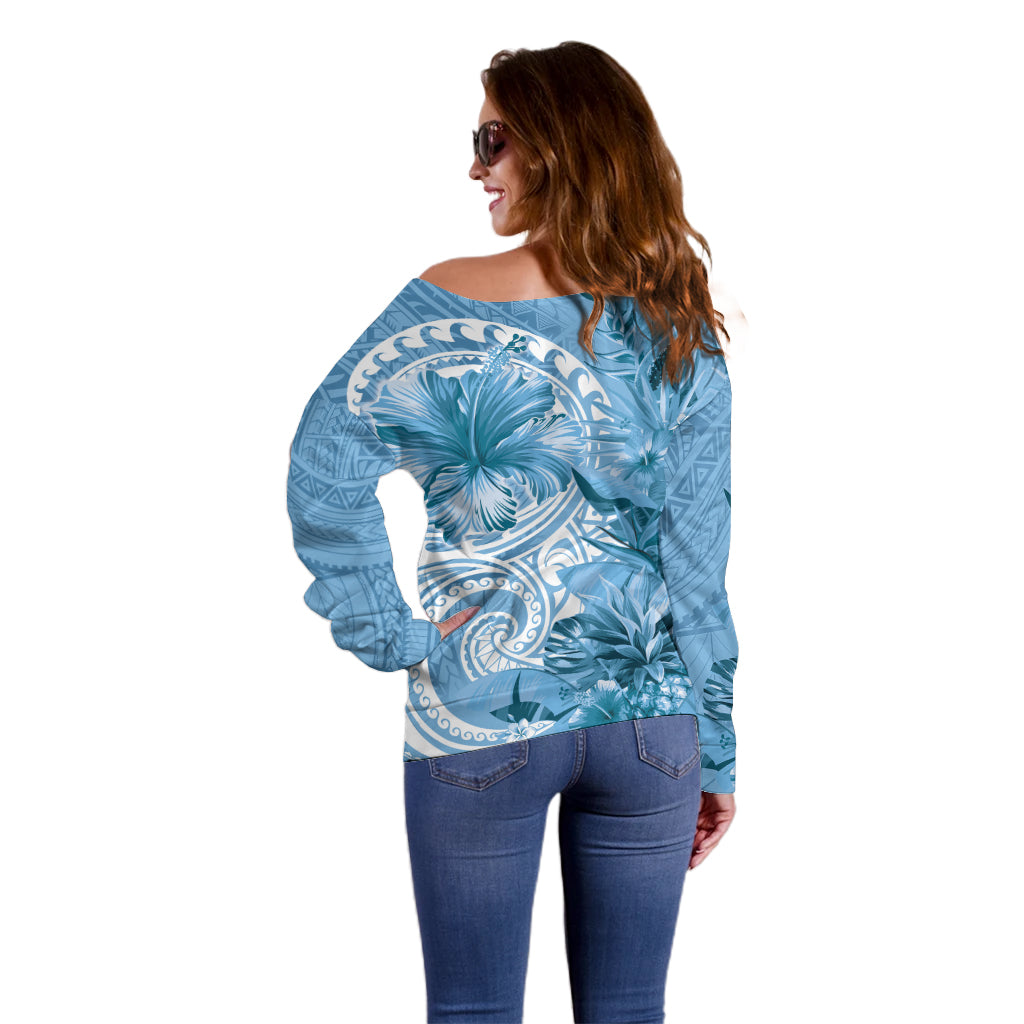 Polynesian Hibiscus Flower Tribal Off Shoulder Sweater Blue Color