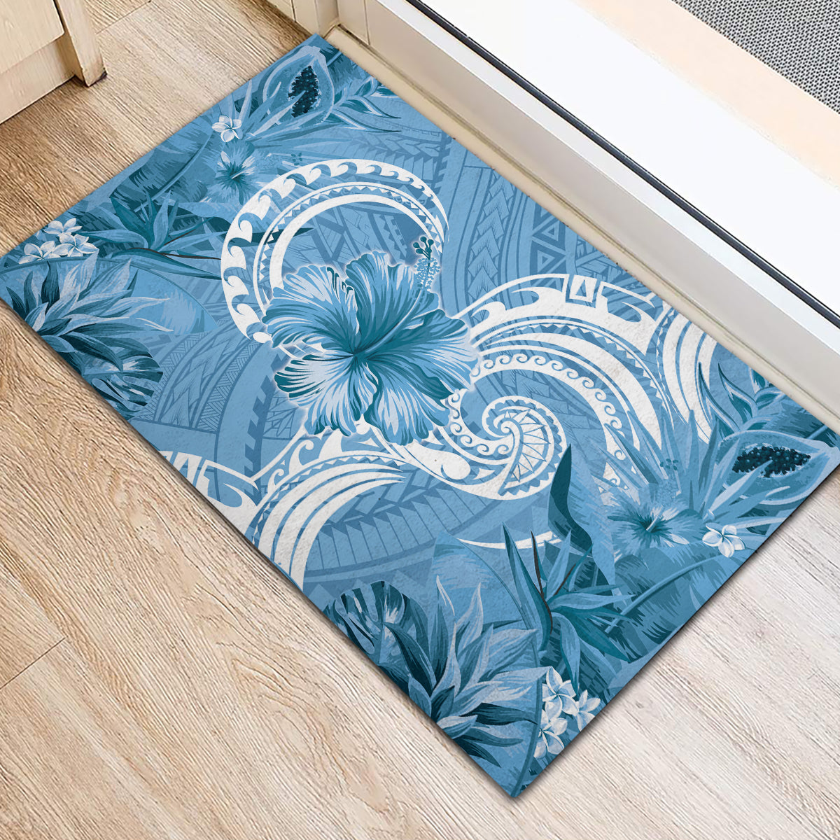 Polynesian Hibiscus Flower Tribal Rubber Doormat Blue Color LT9 - Polynesian Pride
