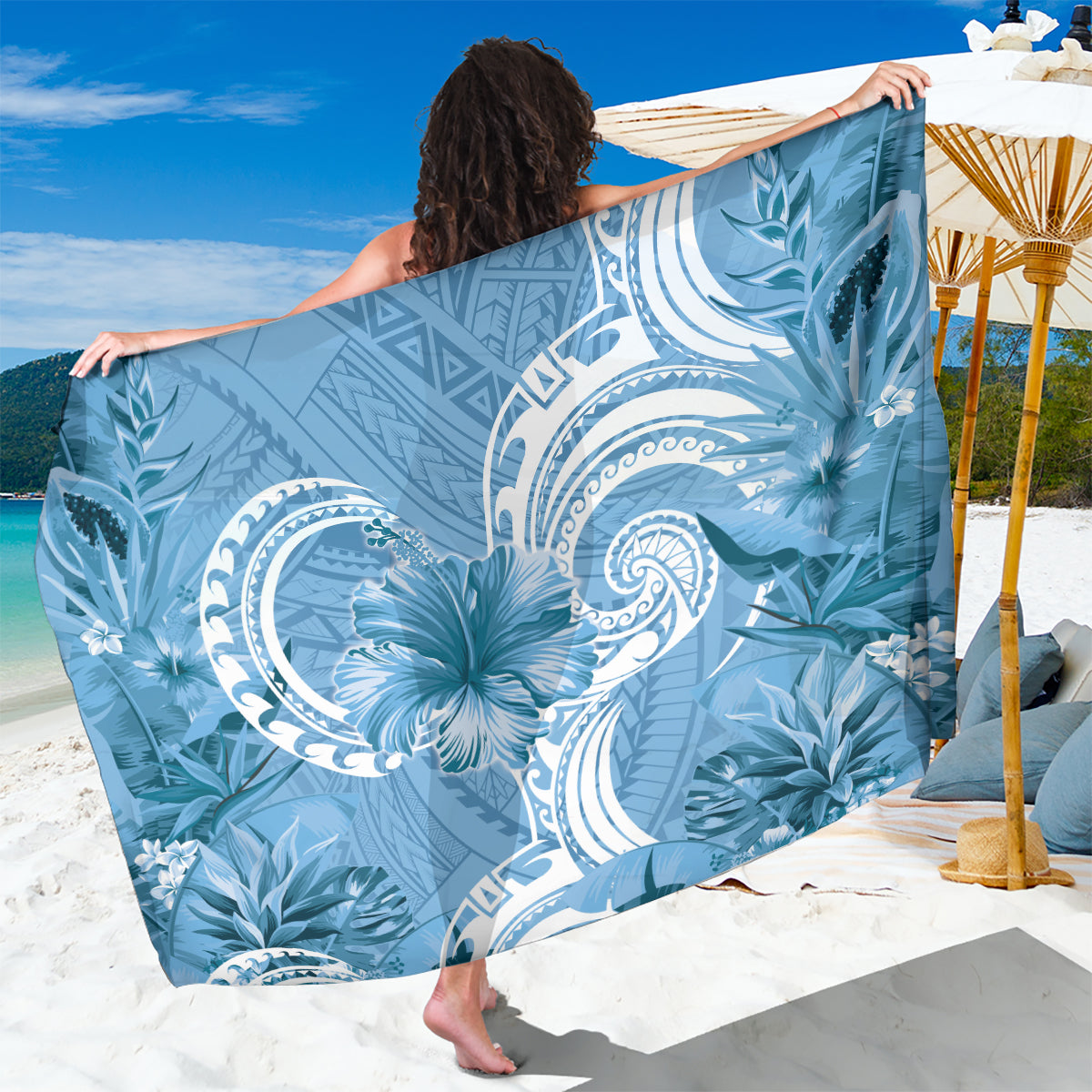 Polynesian Hibiscus Flower Tribal Sarong Blue Color