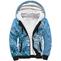 Polynesian Hibiscus Flower Tribal Sherpa Hoodie Blue Color