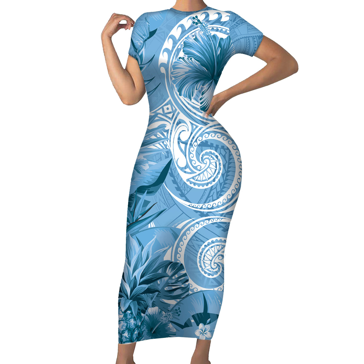 Polynesian Hibiscus Flower Tribal Short Sleeve Bodycon Dress Blue Color LT9 Long Dress Blue - Polynesian Pride