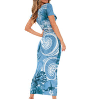 Polynesian Hibiscus Flower Tribal Short Sleeve Bodycon Dress Blue Color LT9 - Polynesian Pride
