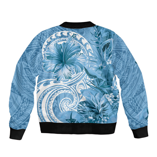 Polynesian Hibiscus Flower Tribal Sleeve Zip Bomber Jacket Blue Color LT9