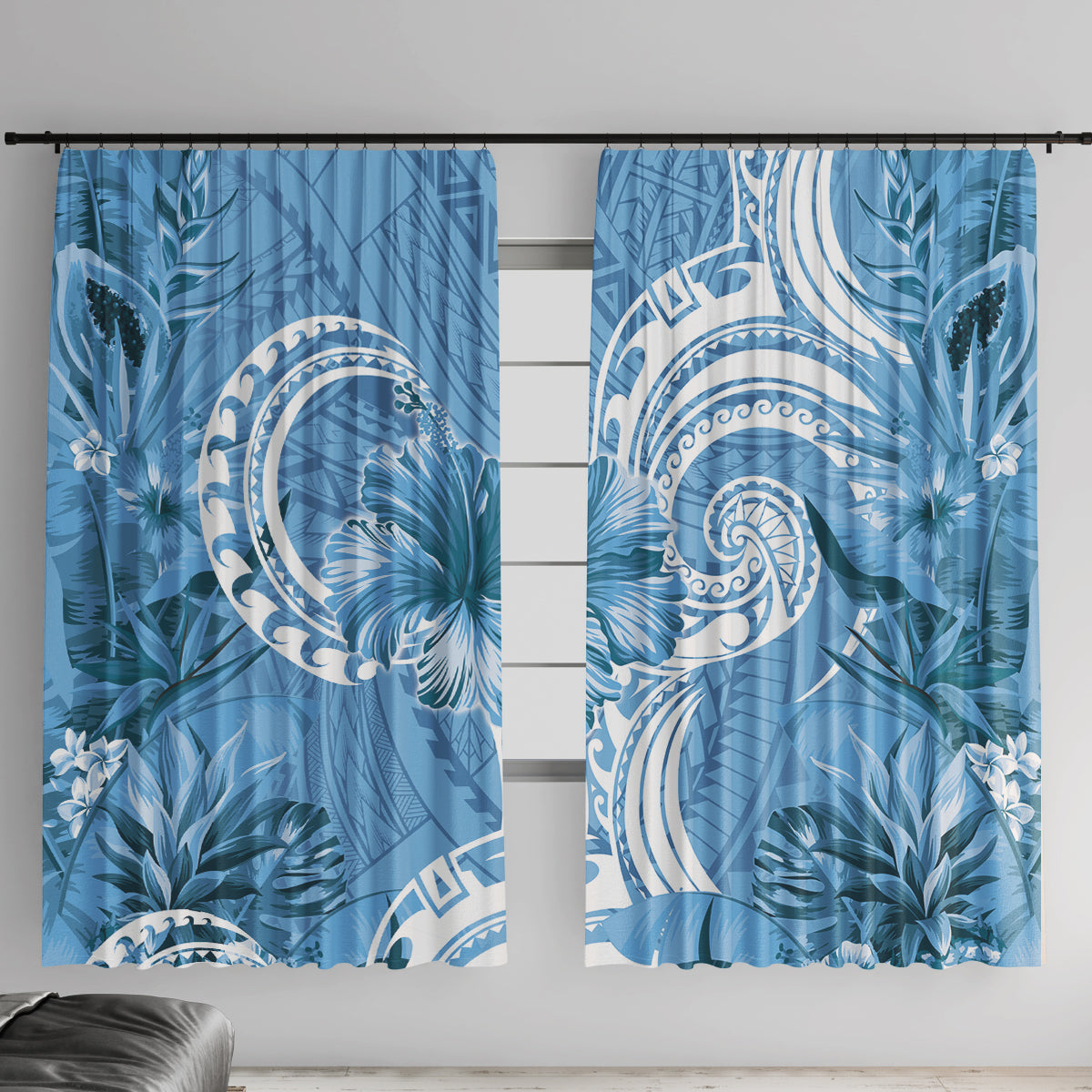 Polynesian Hibiscus Flower Tribal Window Curtain Blue Color LT9 With Hooks Blue - Polynesian Pride