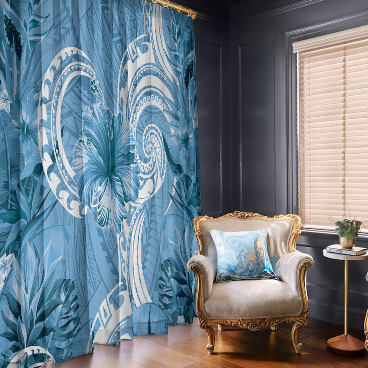 Polynesian Hibiscus Flower Tribal Window Curtain Blue Color LT9 - Polynesian Pride