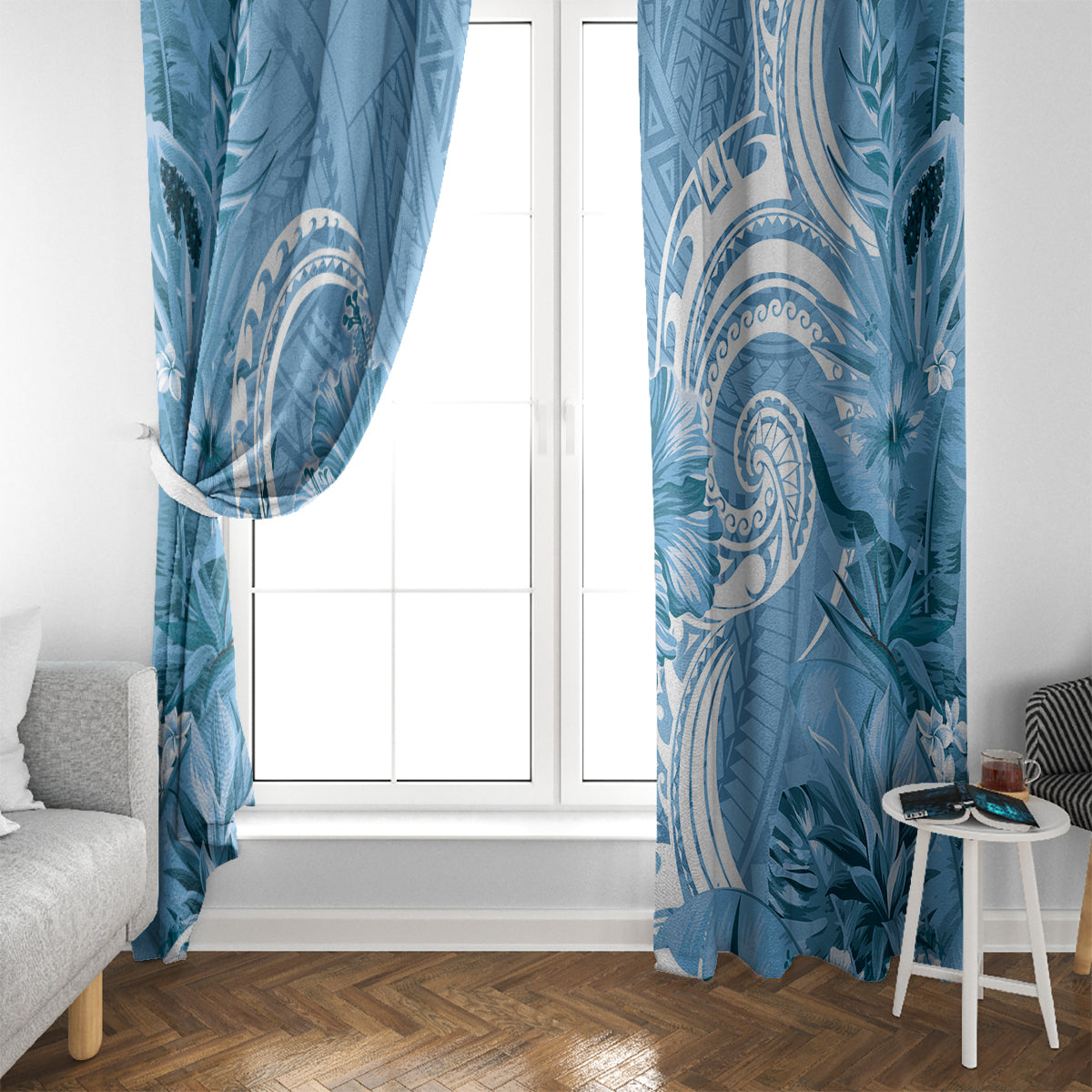 Polynesian Hibiscus Flower Tribal Window Curtain Blue Color LT9 - Polynesian Pride