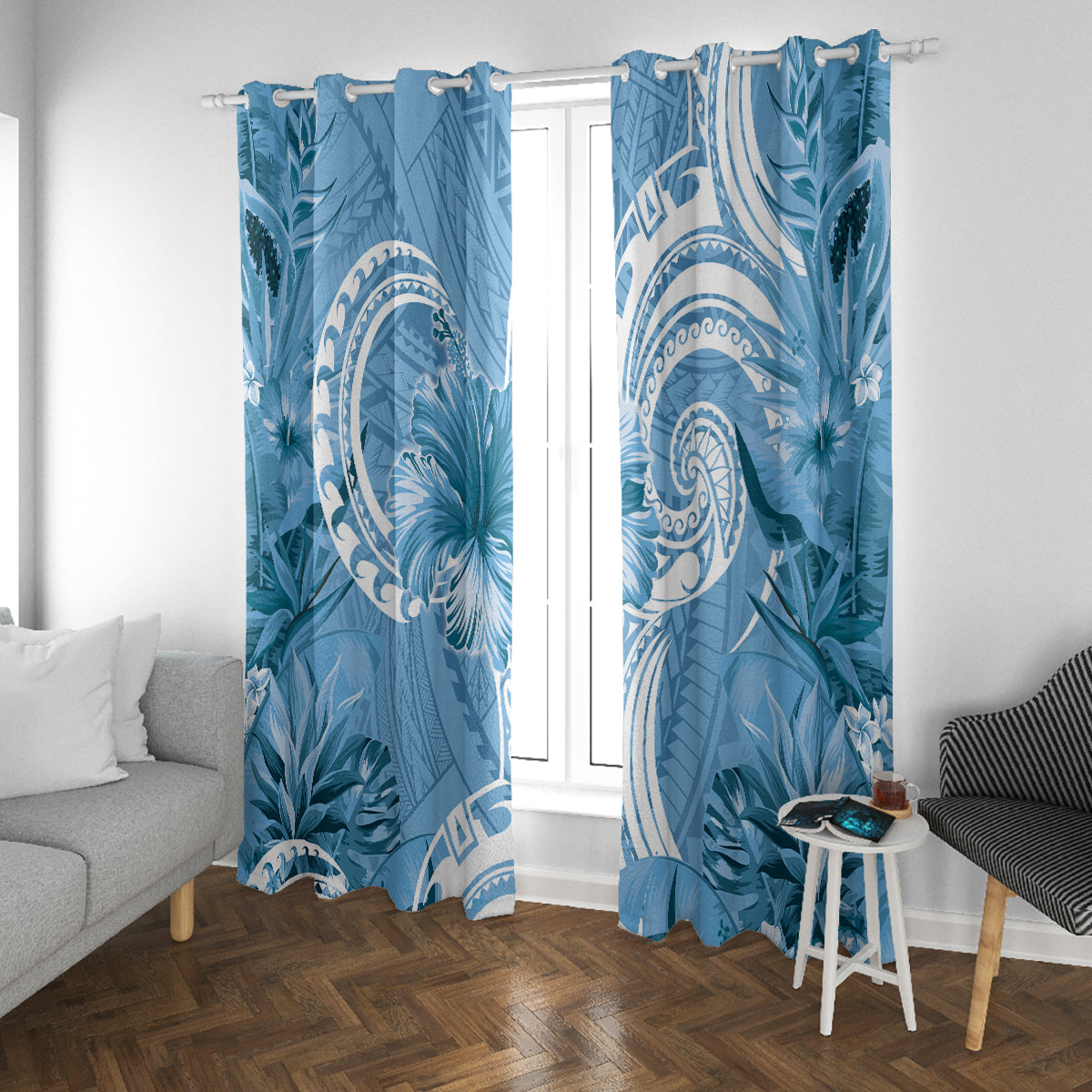 Polynesian Hibiscus Flower Tribal Window Curtain Blue Color LT9 With Grommets Blue - Polynesian Pride