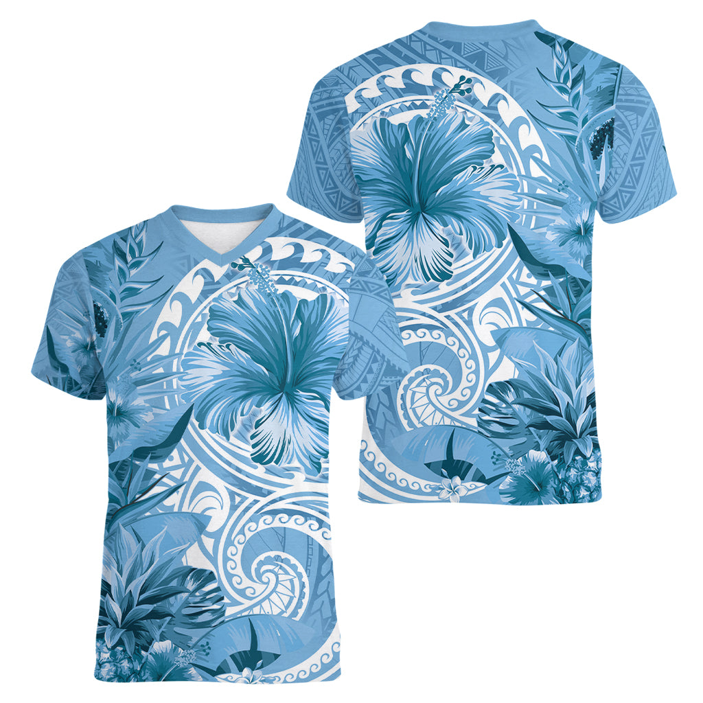 Polynesian Hibiscus Flower Tribal Women V Neck T Shirt Blue Color